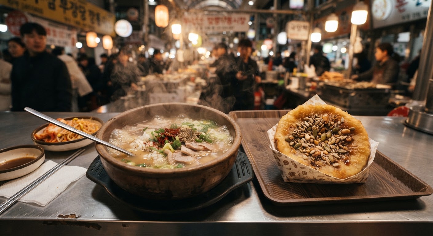 Steaming gukbap and hotteok on a market counter