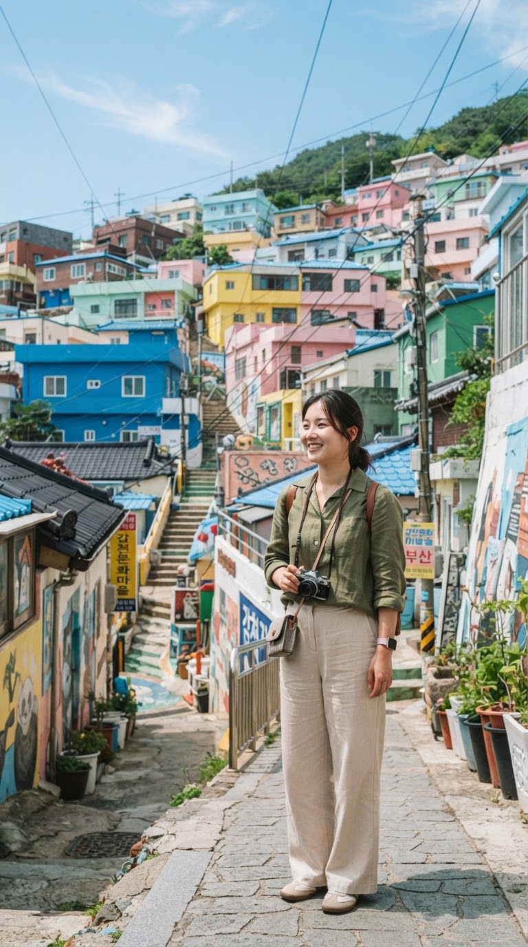 A traveler on a stepped alley in a colorful hillside village